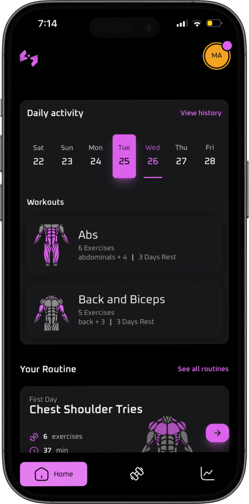 App interface showing routine schedule