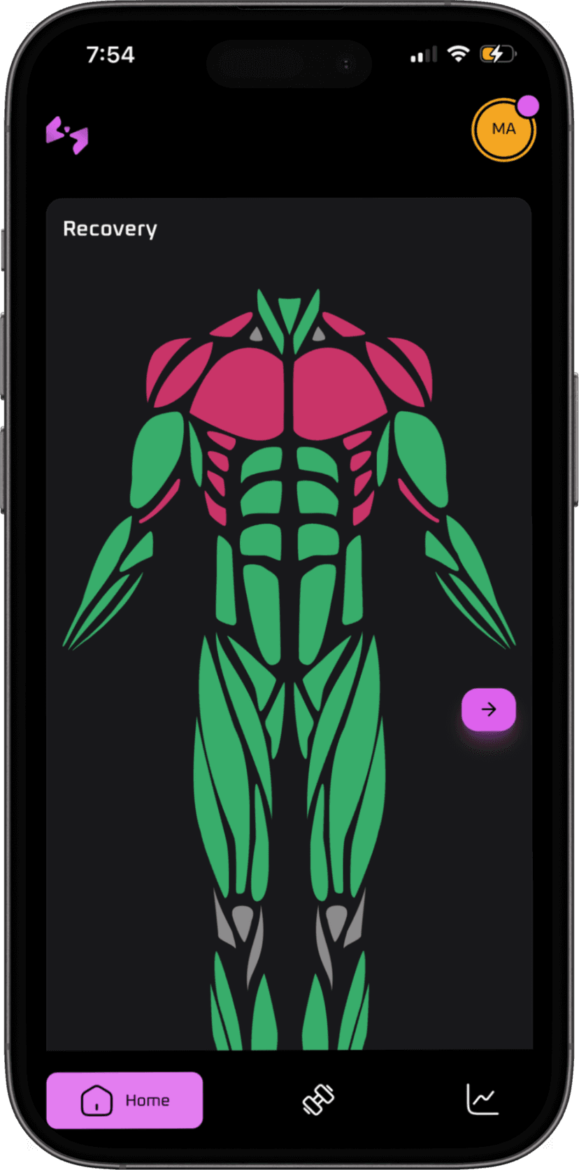 App interface showing recovery insights and progress tracking